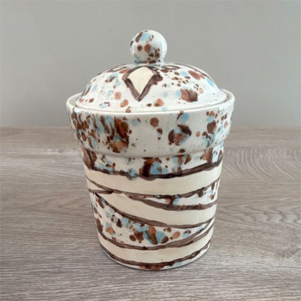 Handmade Ceramic Art Pottery Lidded Jar White Brown Blue Handle Lid 2013